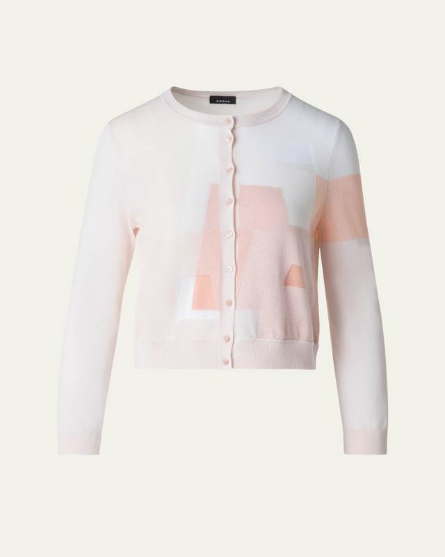 Short Trapezoid Intarsia Knit Cardigan